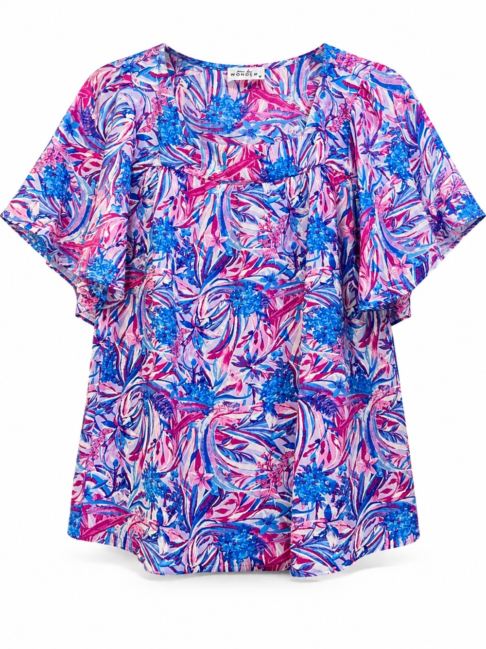 Emily Wonder Floral Flutter Sleeve Blouse Medium Pink Blue Tropical Boho